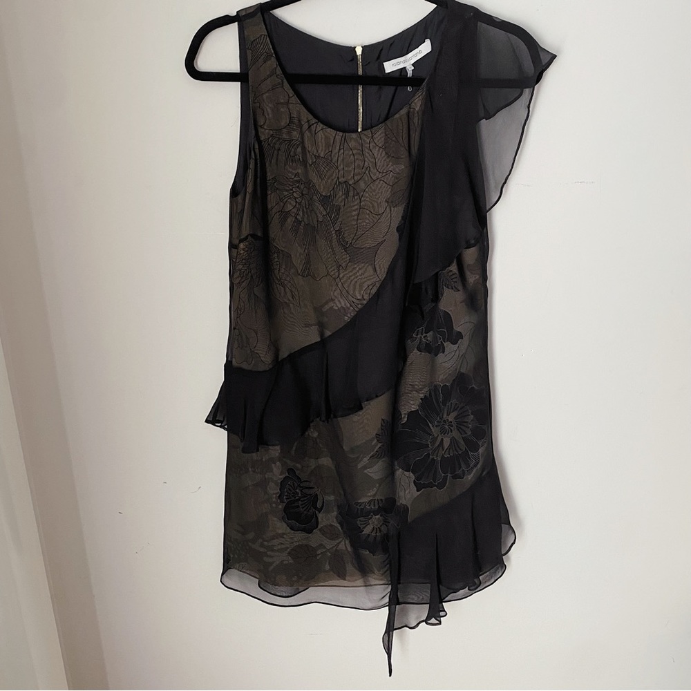 Rolando Santana Black Ruffle Floral Lindsay SS Silk Party Dress 6 S